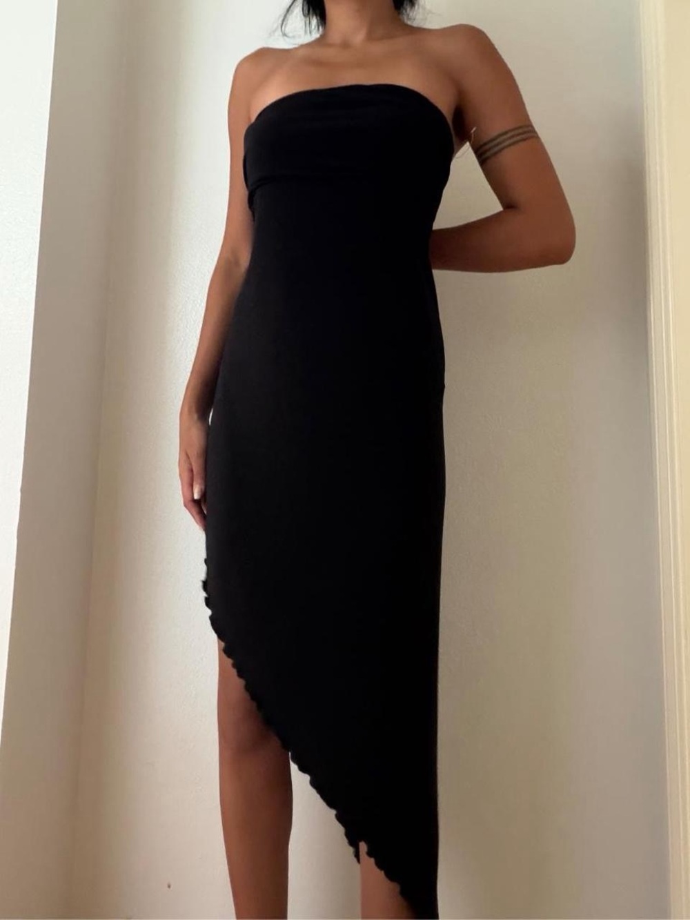 Strapless Asymmetric Black Midi Dress